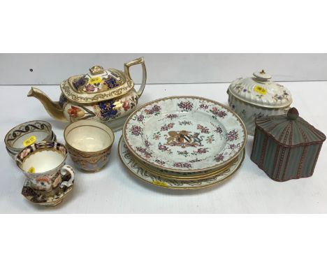 A collection of various 19th Century English teawares including a matt glazed red and pale blue lozenge form sugar box of tea