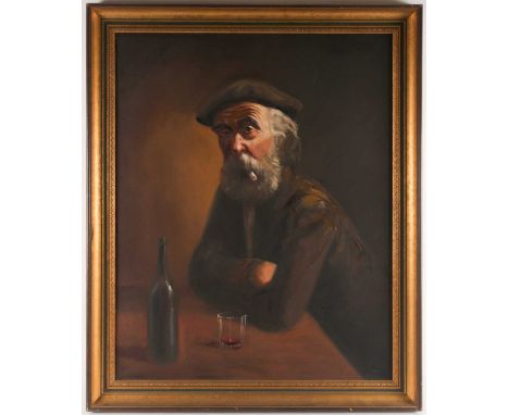 Rae, portrait of a bearded man smoking with a glass of wine, oil on canvas, signed lower right, 76 cm x 61 cm