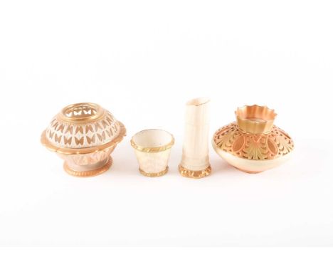 Royal Worcester vases, comprising two pot pourri, a simulated bamboo spill vase and a small pail, all early 20th century, pri