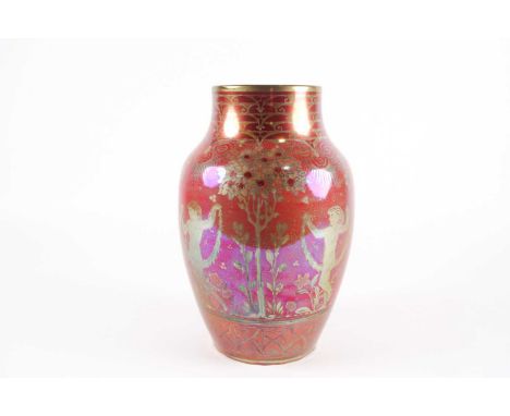 A Pilkingtons Royal Lancastrian lustre vase, shape number 2085, circa 1910, decorated with dancing figures amongst apple tree