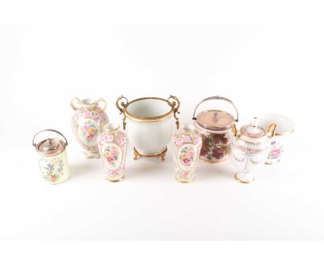 A garniture of Noritake vases, a Rosenthal twin handled vase and cover, two cache pot, a Victorian biscuit barrel and an opal