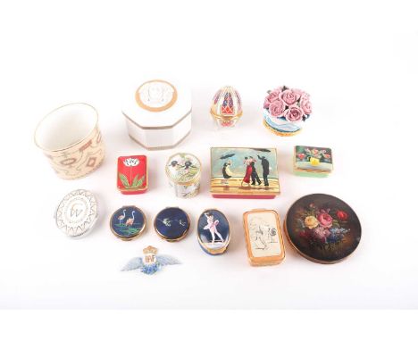 Nine Halcyon Days enamel trinket boxes and a spill vase, a Crown Staffordshire RAF ensign, a Stratton hand-painted compact, t