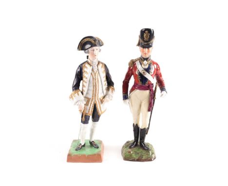 A Sitzendorf Porcelain military figure, 'Coldstream Guards Officer Field Order 1815', 26.5 cm high, together with a similar D