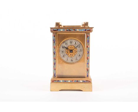 A Swiss brass and champleve enamel carriage clock timepiece, early 20th century, 11.6cm high excluding handleCondition report