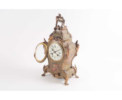A 19th century Japy Freres cartouch form mantle clock with floral painted "Vernis Martin" case with ormolu mounts throughout.