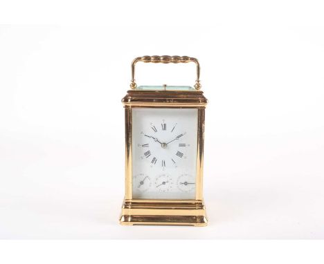 A 20th century "Gorge" cased L'Epee, day, date, and alarm, repeating carriage clock with white enamel dial marked in Roman nu