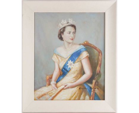 Nicolas Faberge (Russian, 20th Century), a portrait of Her Majesty Queen Elizabeth II, wearing the George IV circlet and Orde