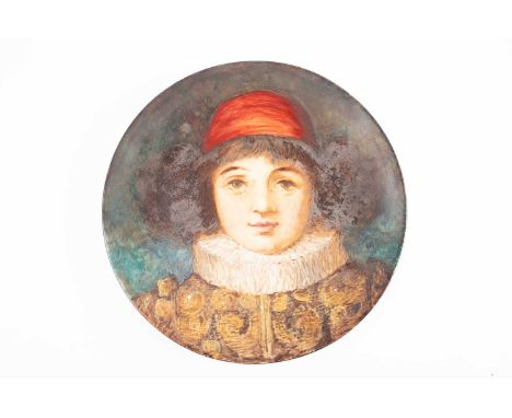 A 19th century Pinder Bourne Burslem ceramic plaque, featuring a portrait of a child in Elizabethan dress, impressed marks ve