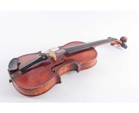 A German three-quarter violin with scarfed scroll and two-piece figured back. Bearing a "Caspar Da Salo in Brescia" label. To