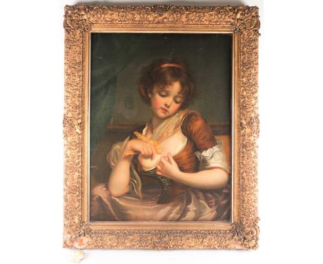 Manner of Jean-Baptiste Greuze (1725-1805), a late 19th or early 20th century portrait of a young woman with a cockatoo, oil 