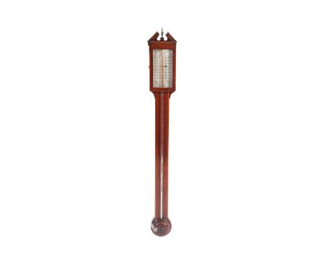A George III (J?) Bregazzi of Derby, satinwood strung mahogany stick barometer with engraved and silvered register plate, vis