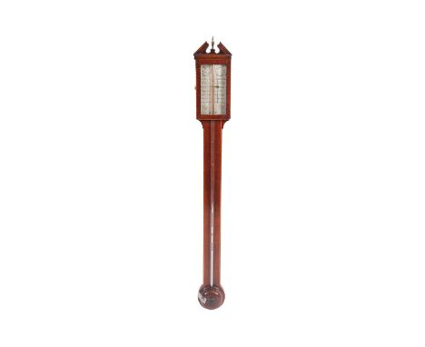 A George III (J?) Bregazzi of Derby, satinwood strung mahogany stick barometer with engraved and silvered register plate, vis