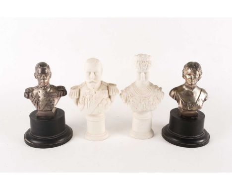 A pair of novelty musical royal portrait busts, depicting HM King George VI and HM Queen Elizabeth, both cast metal on steppe