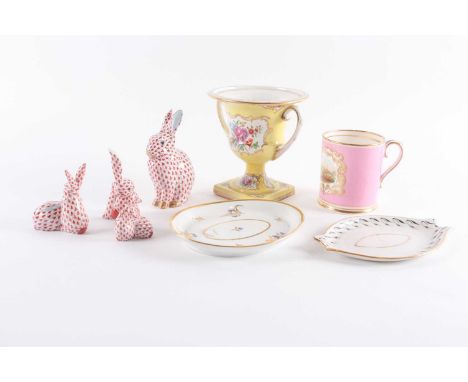 A group of four Herend porcelain rabbits, the largest 14 cm high, together with two 19th century teapot stands, a Booths urn 