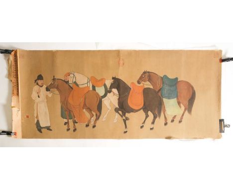 A Chinese Ming style scroll painting on silk, Qing dynasty, painted with four horses with two attendants, four red chop marks