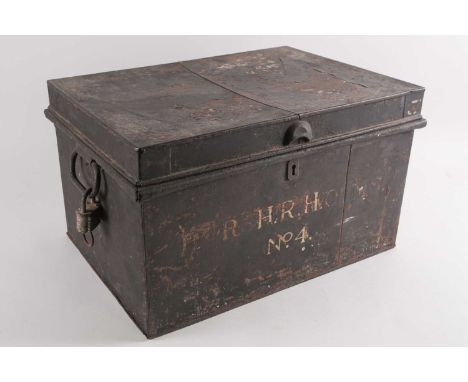 A late 19th-century metal deeds chest, painted with the initials ‘H.R.H. No. 4’, possibly a boarding school ‘tuck trunk’, 28 