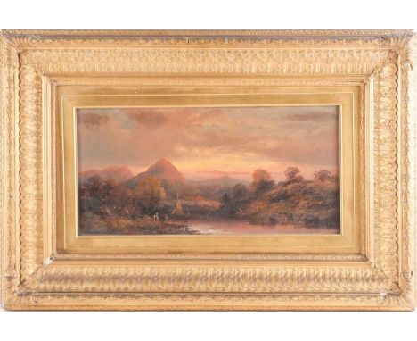 G Osborne (19th Century British School), Figures on the riverbank at sunset, oil on canvas, signed lower right, 20.5cm x 40.5