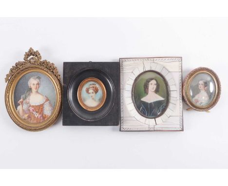 A group of four antique framed portrait miniatures, to include an example signed 'Renoir', depicting a lady wearing a coronet