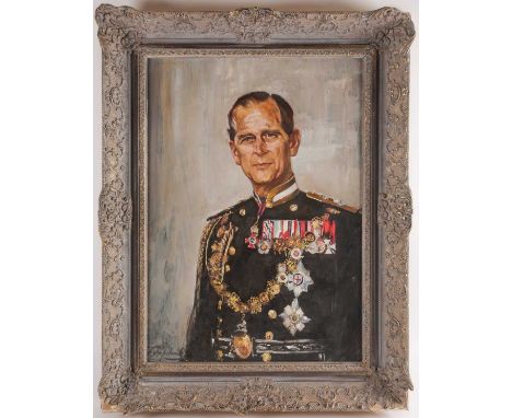 Fritz Haferland (German, 20th Century) a portrait of HRH Prince Philip, Duke of Edinburgh, in naval uniform with his various 