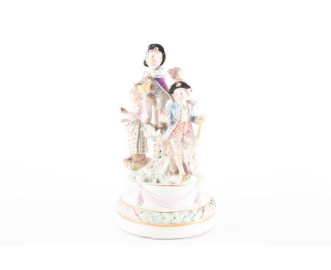 A late 19th century Meissen figural group of children gardeners standing upon pedestals a tree trunk and a stump, raised on a