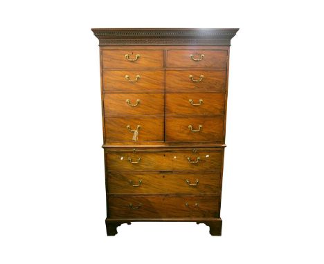 A George III mahogany linen press the upper section now with faux drawer fronts and converted to two cupboard doors. The base
