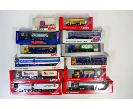 Herpa - AWM - Albedo -  12 boxed HO/1:87 scale plastic model trucks. Lot includes Herpa #806066 Mercedes-Benz truck crane; He