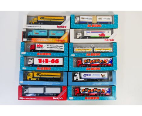 Herpa - Albedo - A fleet of 12 boxed HO/1:87 scale plastic model trucks. Lot includes Herpa #3413 Mercedes Benz & trailer 'Lo