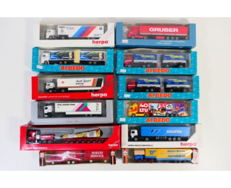Herpa - Albedo -12 boxed HO/1:87 scale plastic model trucks. Lot includes Herpa #148528 Mercedes Benz Actros Titan lowboy fla
