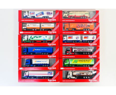 Herpa - 12 boxed HO/1:87 scale plastic model trucks from Herpa. Lot includes Herpa #185707 Mercedes Benz SK 94HD Tanker 'Laab