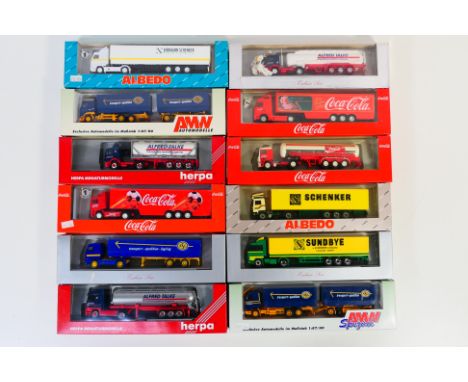 AMW - Herpa - Albedo - 12 boxed HO/1:87 scale plastic model trucks. Lot includes Herpa #144131 Mercedes Benz Actros Silo Tank