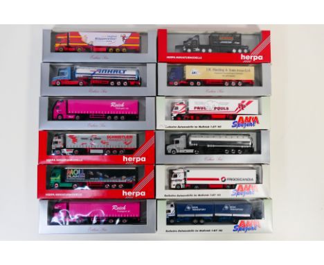 Herpa - AWM - 12 boxed HO/1:87 scale plastic model trucks. Lot includes AWM #70876 Mercedes Benz Actros Refrigerated 'Frigosc