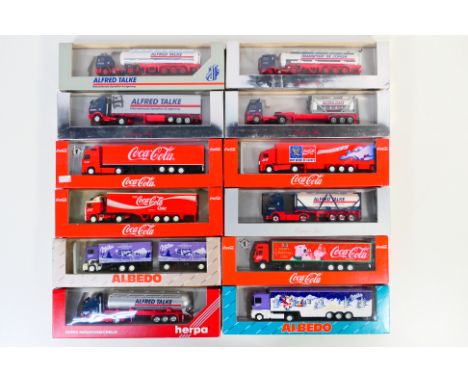 Herpa - Albedo - 12 boxed HO/1:87 scale plastic model trucks. Lot includes Albedo Volvo F12 S3 'Coca Cola'; Herpa #2168 Volvo