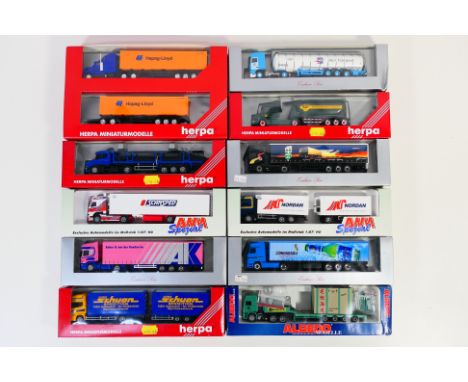 Herpa - AWM - 12 boxed HO/1:87 scale plastic model trucks. Lot includes Herpa 'Exclusive Serie' #001470 Scania R124 tilt semi