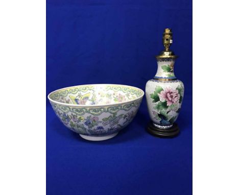 ASIAN CERAMIC BOWL AND A CLOISONNE LAMP 