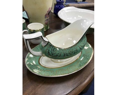 HARROWBY HARLEQUIN TEA SERVICEsix tea cups, five saucers, six side plates, one sugar; along with Crownford tea and dinner war