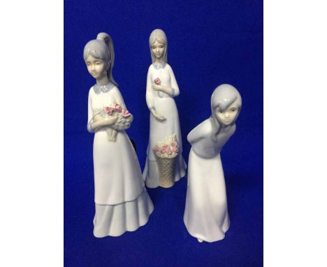 THREE CERAMIC LLADRO STYLE FIGURES OF GIRLSmade by Porcelanas Miquel Requena and a Noritake part tea set