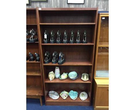 TWO MAHOGANY THREE TIER CAKE STANDS, VINTAGE RECLINER CHAIR AND A MODERN OPEN BOOKCASE