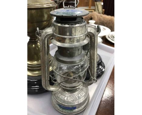 VINTAGE BRASS AND GLASS LAMP along with paraffin lamp (2)