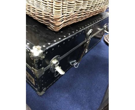 EARLY 20TH CENTURY TRAVEL TRUNKtogether with two vintage suitcases and a large wicker trunk with locking, lock and keys (4) 