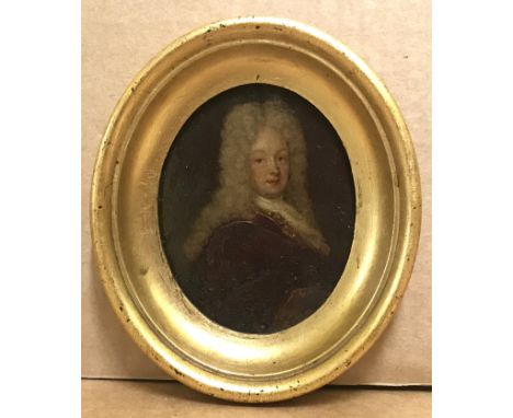 C1700 Dutch Portrait Miniature on metal. “Portrait of a Bewigged Gentleman”Measures 6cm x 8cm.Condition Report – Condition co