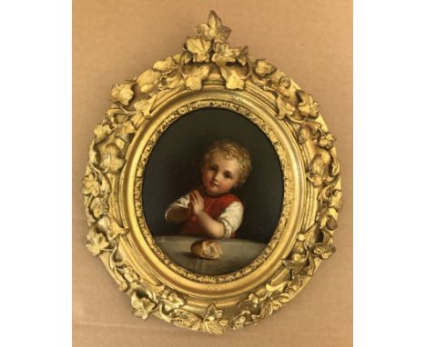 Late 19C Portrait Miniature German. Oil on board. “Boy Sitting Eating Bread”. Signed.Measures 11cm x 14cm.Condition Report – 