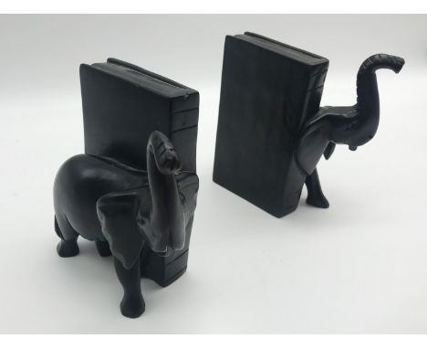 VINTAGE WOODEN EBONY BLACK WOODEN ELEPHANT BOOK ENDS