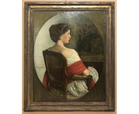 Henri Girault De Nolhac 1884-1948 French. Oil on canvas. “Portrait of Jeanne de Nolhac”. Signed.Measures 66cm x 82cm.Conditio