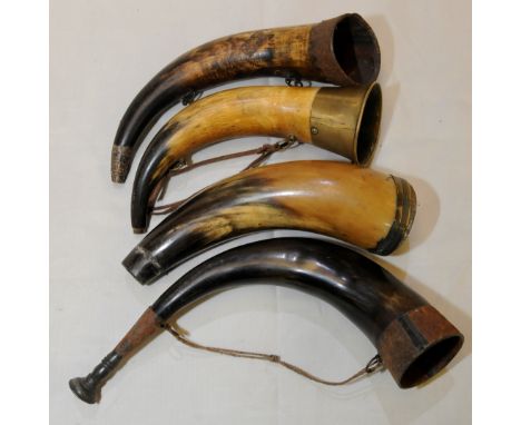 Three 19th C hunting horns with pewter and brass  mounts and a  powder horn (4)