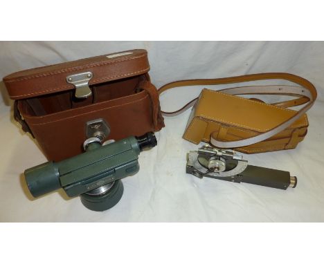 Leather cased Watts of London No. 122705 sighting/surveying device and leather cased surveyors protractor 