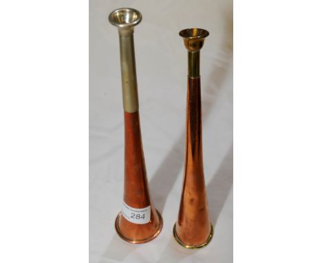 Copper and plated hunting horn marked Made in England and another similar (2)