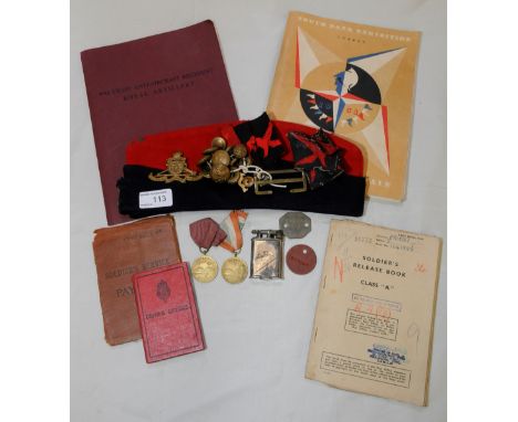 Royal Artillery side cap with badge, TRFs, buttons, dog tags, large selection of paperwork and ephemera including Army Servic