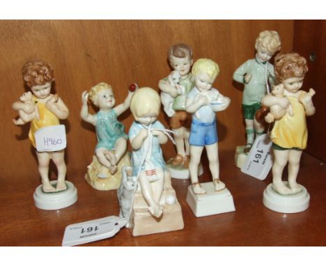 Seven Royal Worcester figurines designed by Florence Doughty: 'Sunshine Days', 9cm, (a/f), 'Woodland Walk', 12cm, 'Three's Co