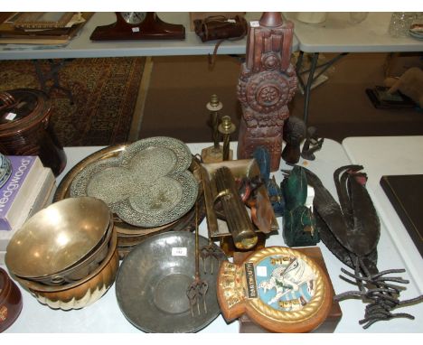 Various metalware, warming pan, ceramic lamp and miscellaneous items.