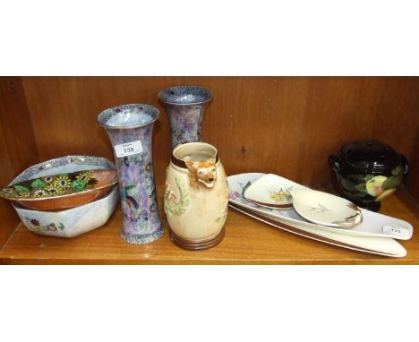 A pair of Wilson Ware lustre vases decorated with birds, a similar bowl, a Lemon & Crute Torquay Pottery rose bowl, Carltonwa